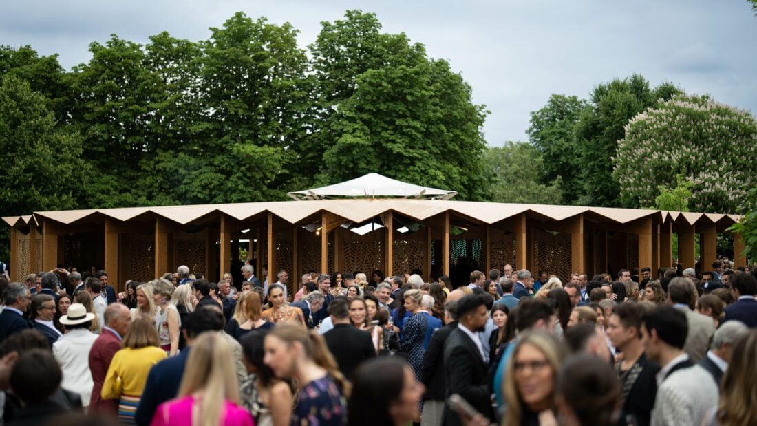 Guests with Lina Ghotmeh's Serpentine Pavilion at the Serpentine Gallery Summer Party 2023 at the Serpentine Gallery in London, England. Photo by Darren Gerrish/Getty Images for the Serpentine Gallery.