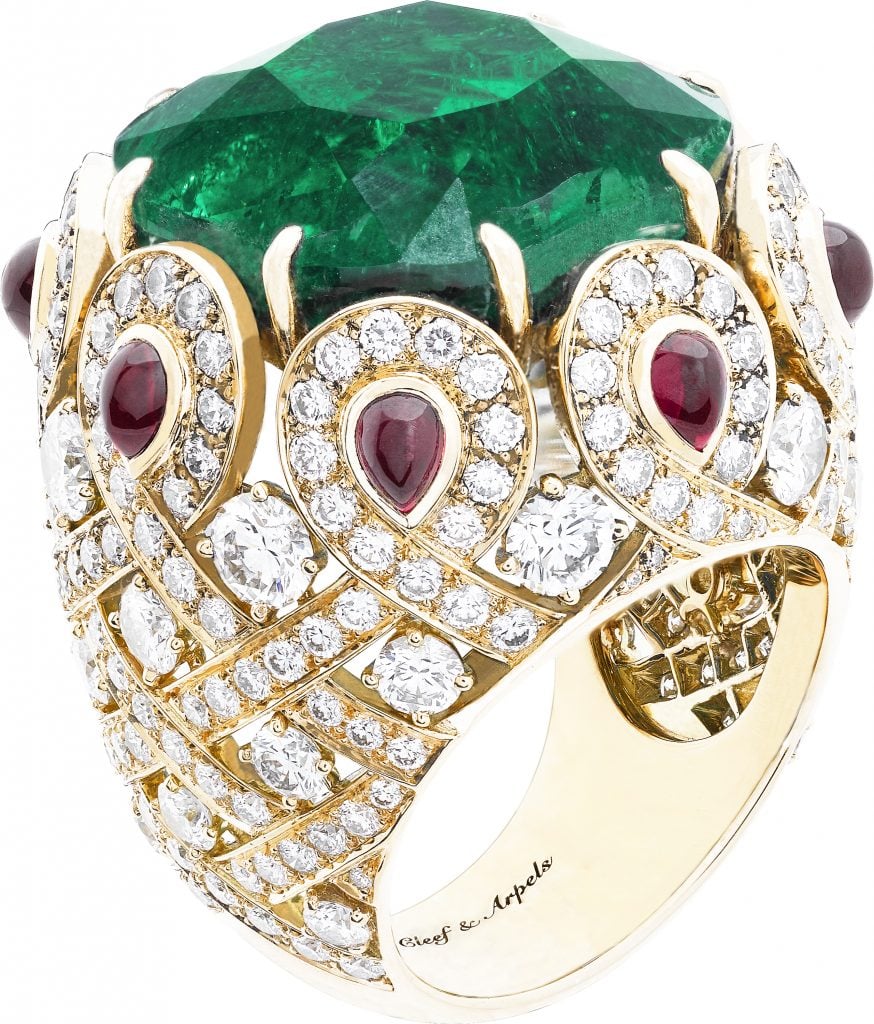 The Pongal ring (2012) recalls the bright greens and reds of the Hindu festival that marks the winter solstice. From the Pierres de Caratères Variations Collection, the centerpiece of this cocktail ring is a stunning 27.81-carat emerald from Colombia. Courtesy of Van Cleef & Arpels.