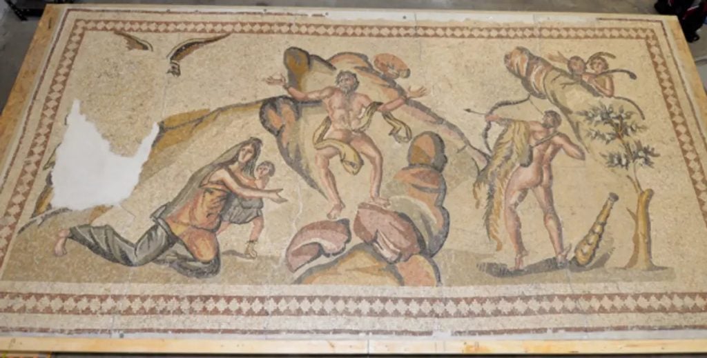 The FBI seized this mosaic from the home of Mohamad Yassin Alcharihi in 2016. He is now on trial facing charges of illegally importing a looted antiquity from Syria. Photo courtesy of the U.S. Attorney's Office Central District of California.