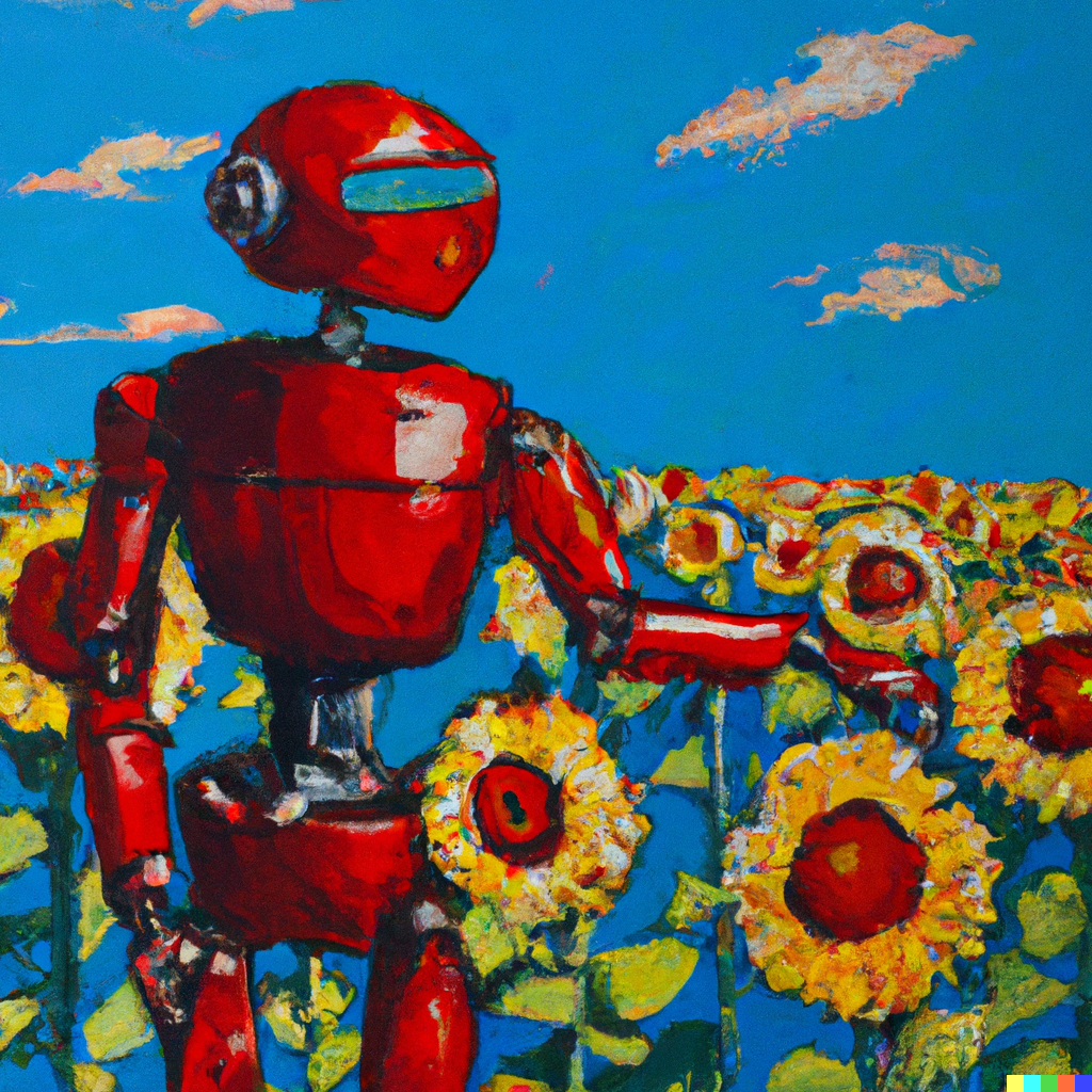 A DALL-E artwork from the prompt: "The robot uprising in a field of blood red sunflowers and a cyan blue sky." 