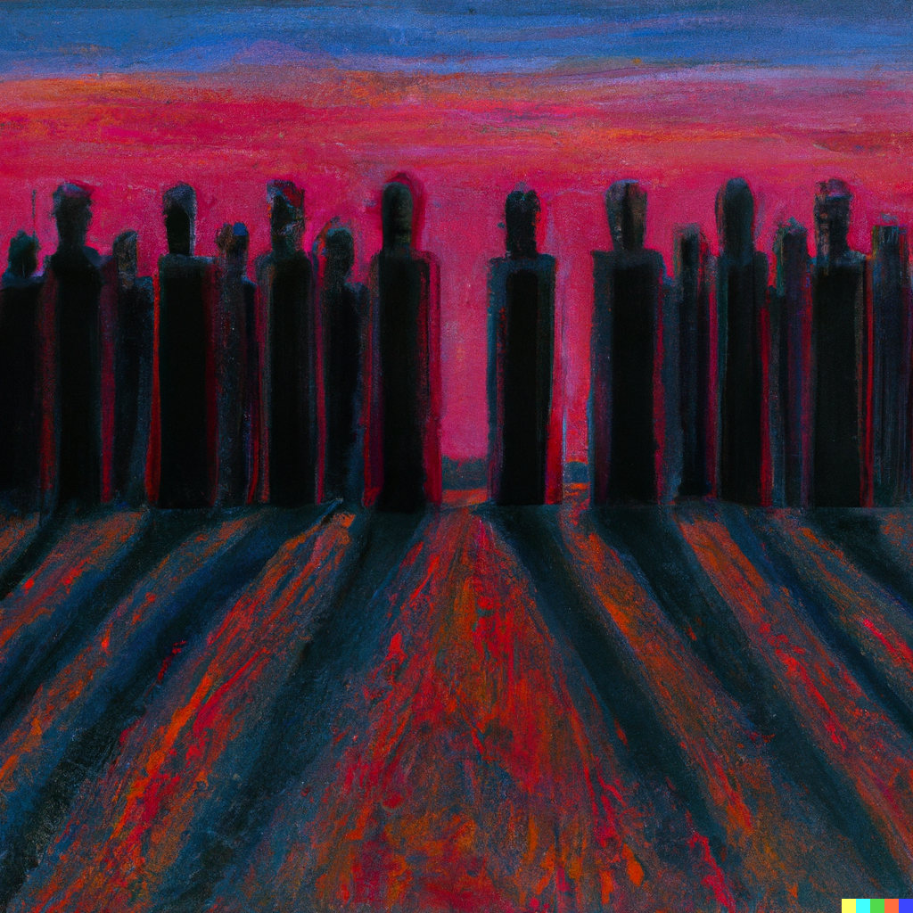 A line of androids standing behind a cemetery with a blood red sky. 