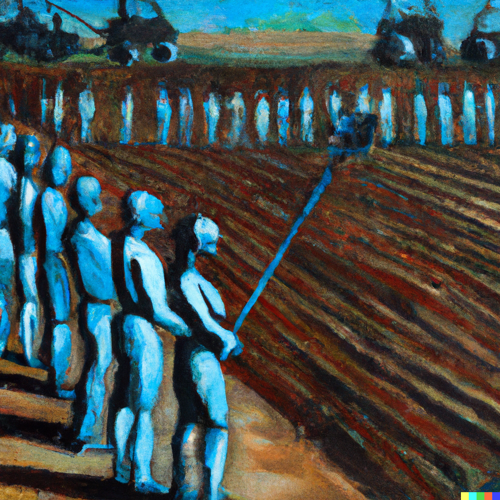 Enslaved humans working in a field under the surveillance of robots. 