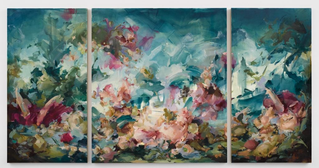 triptych of a floral painting art world recap