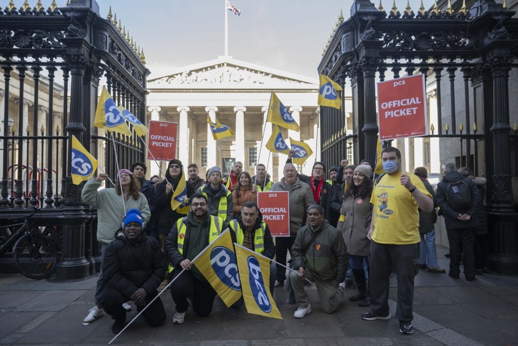 Public and Commercial Services union (PCS) picket outside British Museum in London during a strike in February 2023. Photo by Rasid Necati Aslim/Anadolu Agency via Getty Images.