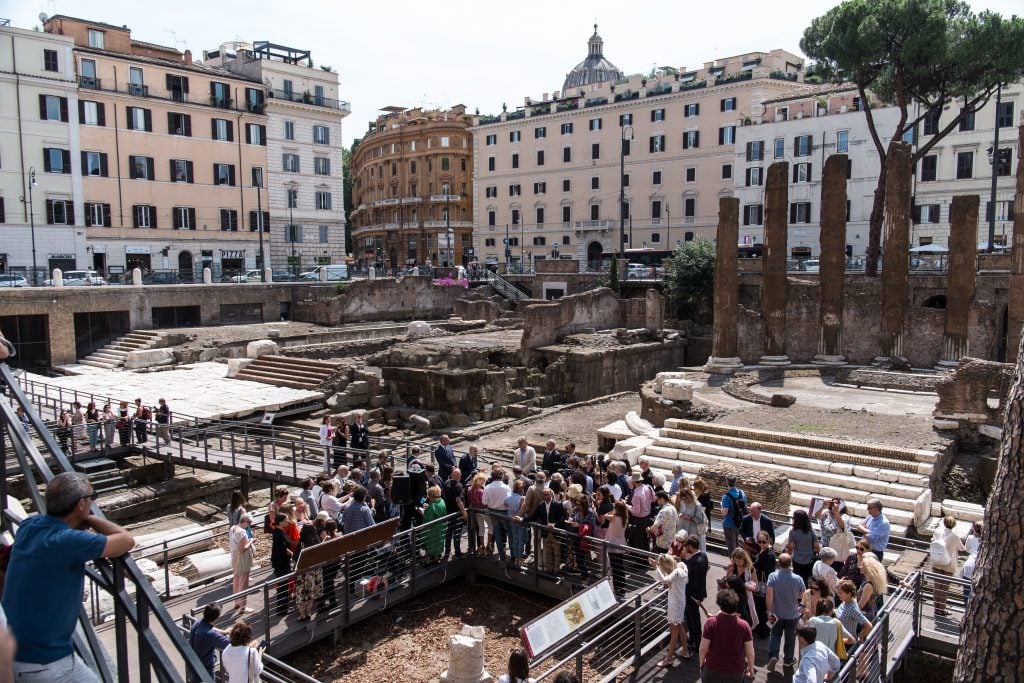 The Area Sacra di Largo Argentina in Rome, which includes Pompey's Curia, the site of the assassination of Julius Caesar, is now open to the public for the first time thanks to funding from Bulgari. Photo by Andrea Ronchini/NurPhoto via Getty Images.