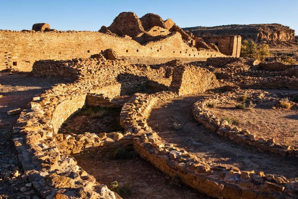 The Pueblo del Arroyo Ruin, an ancient Ancestral Puebloan Native American ruin in Chaco Culture National Historical Park. Chaco Culture is a UNESCO World Heritage Site. Photo by Jon G. Fuller/VWPics/Universal Images Group via Getty Images.