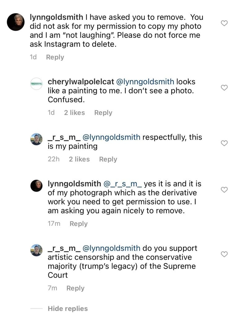 A screenshot of Ryan Sandison Montgomery's exchange with Lynn Goldsmith on Instagram. 