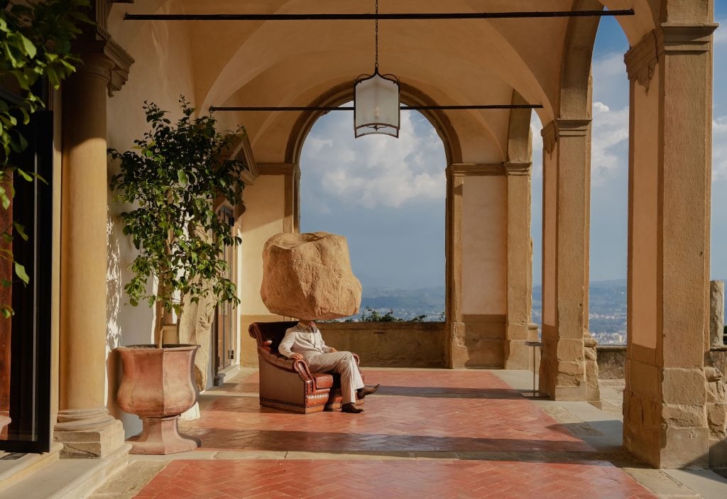 One of Sun Yuan and Peng Yu's Teenager, Teenager sculptures greets arriving guests at Belmond’s Villa San Michele in Florence. Photo: Marco Valmarana, courtesy of Belmond and Galleria Continua.