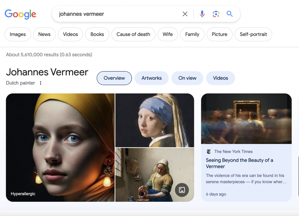 A screenshot of Google Search for Johannes Vermeer featuring an A.I. version of <em>Girl With a Pearl Earring</em> by artist Julian van Dieken.