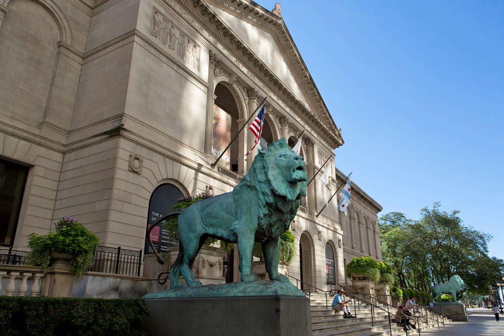 The Art Institute of Chicago, with Edward Kemeys's iconic Lions sculptures (1893) standing guard at the entrance. Courtesy of the Art Institute of Chicago.