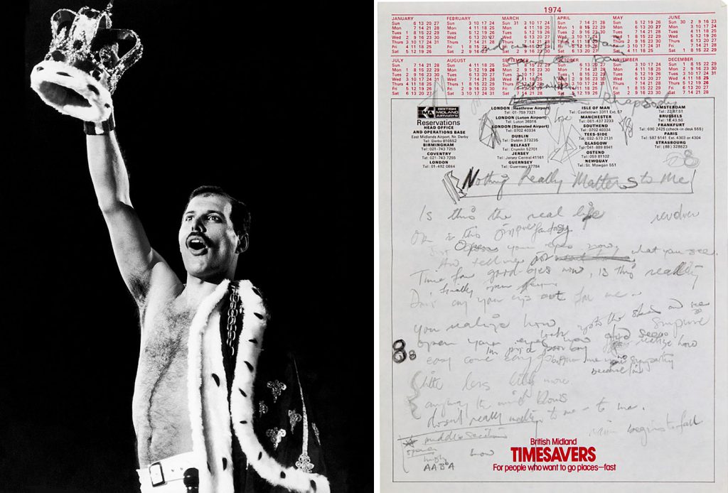 Left: Freddie Mercury of British rock group Queen raises a crown during a performance, 1986. (Photo by Dave Hogan/Hulton Archive/Getty Images). Right: Handwritten working lyrics to Bohemian Rhapsody ca. 1974. © Queen Music Ltd - Sony Music Publishing UK Ltd. Courtesy of Sotheby's.