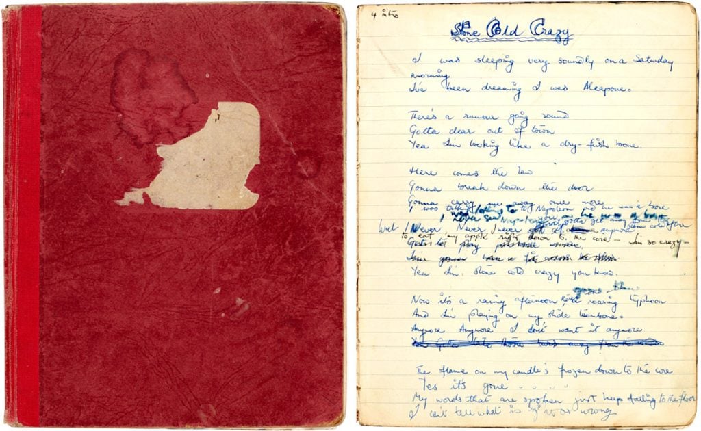 Early red notebook with working lyrics by Freddie Mercury (estimated £120,000–£180,000). © Queen Music Ltd - Sony Music Publishing UK Ltd. Courtesy of Sotheby's.