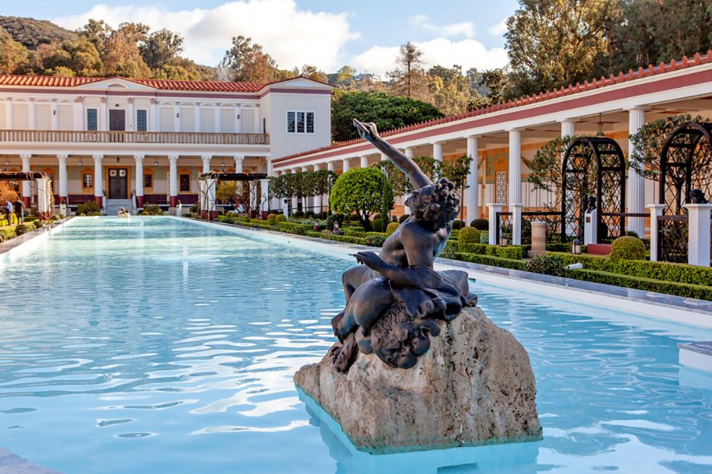 The Outer Peristyle of the Getty Villa contains sculpture, water fountains, and covered walkways. Courtesy of the Getty Villa.