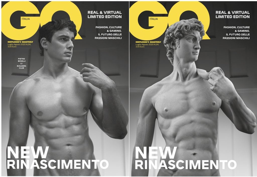 The August 2020 edition of <em>GQ Italia</em> with model Pietro Boselli superimposed over Michelangelo's <em>David</em>.