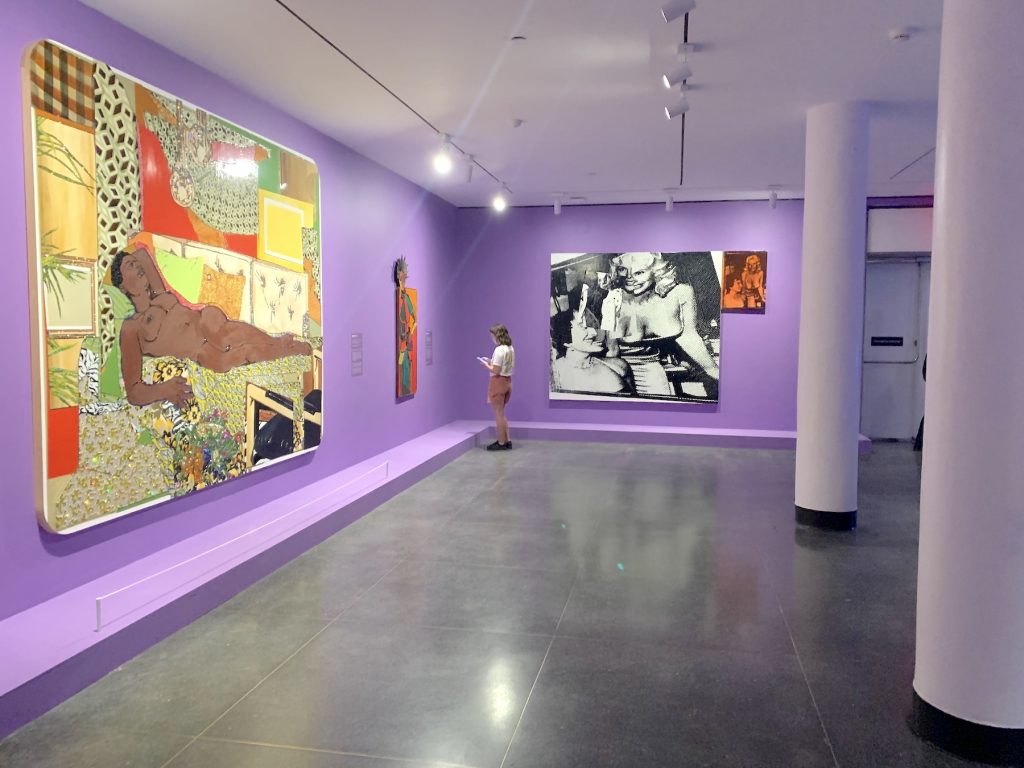 Mickalene Thomas, Marie: Nude Black Woman Lying on a Couch (2012), Dinga McCannon, Revolutionary Sister (1971), and Marilyn Minter, Big Girls (1986)