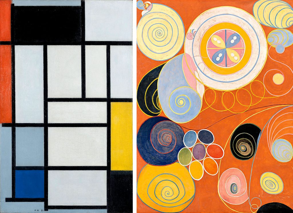 Left: Piet Mondrian, Composition with Red, Black, Yellow, Blue and Grey (1921). Courtesy of Kunstmuseum Den Haag. Right: Hilma af Klint, The Ten Largest, Group IV, No. 3, Youth (1907). Courtesy of the Hilma af Klint Foundation.