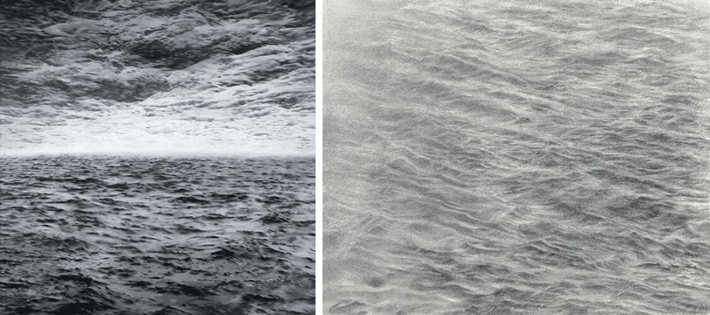 Left: Gerhard Richter Seascape (Sea-Sea) (1970). Staatliche Museen zu Berlin, Neue Nationalgalerie, © Gerhard Richter 2023. Right: Vija Celmins, Untitled (Ocean) (2014). © Vija Celmins, courtesy of Jack Shear Collection.