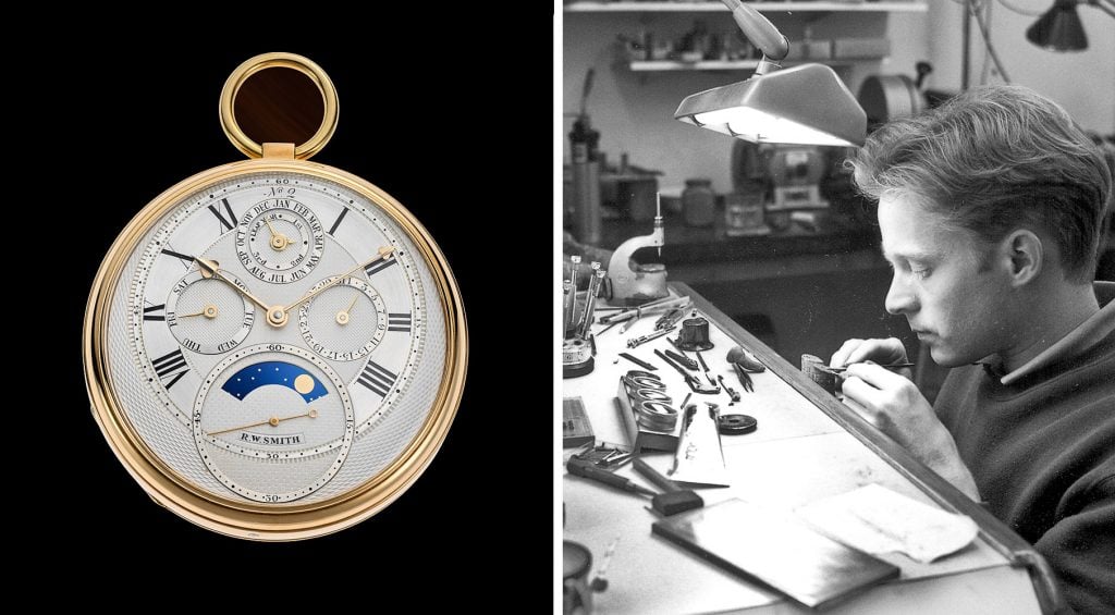Left: Roger Smith, Pocket Watch Number Two, 1998. Right: Roger Smith in his workshop in the Isle of Man, 1990s. Courtesy of Phillips.