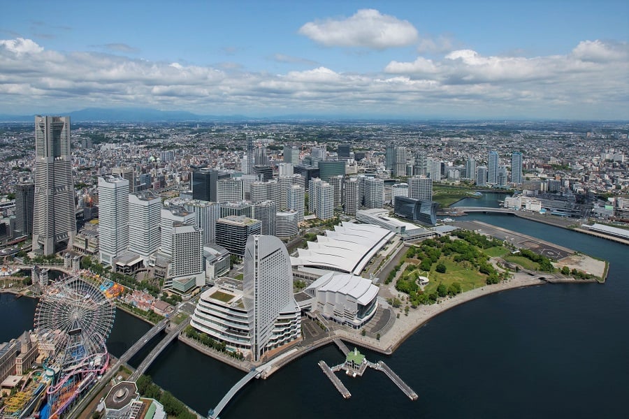 Aerial view of Yokohama with Pacifico Yokohama. (Photo courtesy of Pacifico Yokohama).