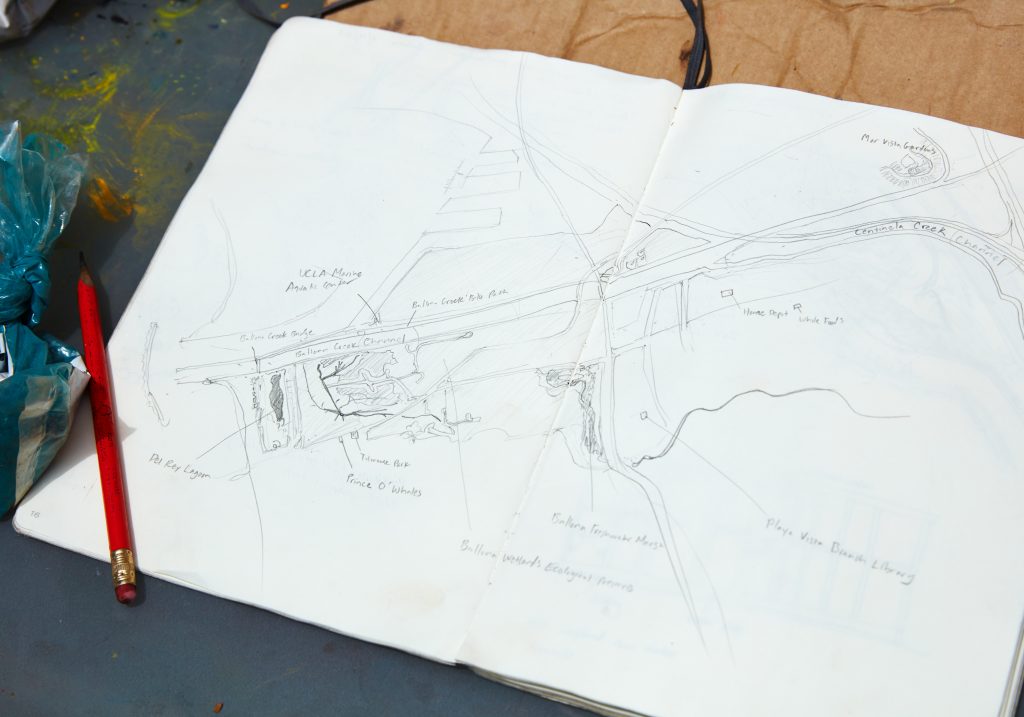 Sterling Wells's sketches of his worksite in Ballona Creek, Los Angeles. Photo by Nik Massey, courtesy of Night Gallery, Los Angeles.