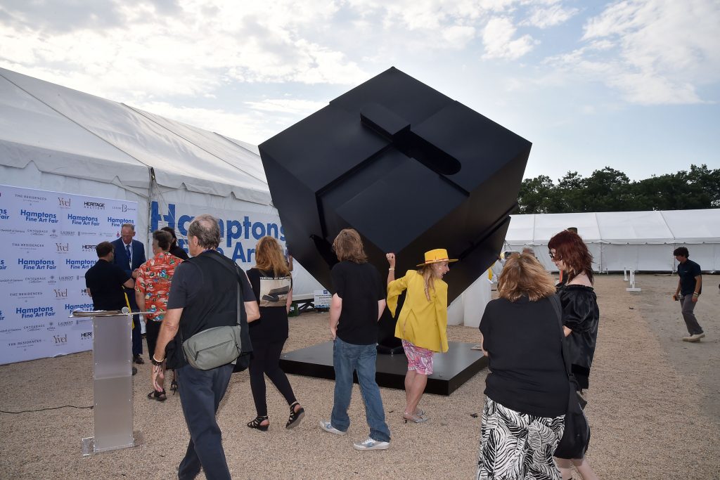 Bernard "Tony" Rosenthal's Alamo, better known as the Astor Place Cube on loan to the Hamptons Fine Art Fair in Southampton. Photo by Patrick McMullan/PMC.