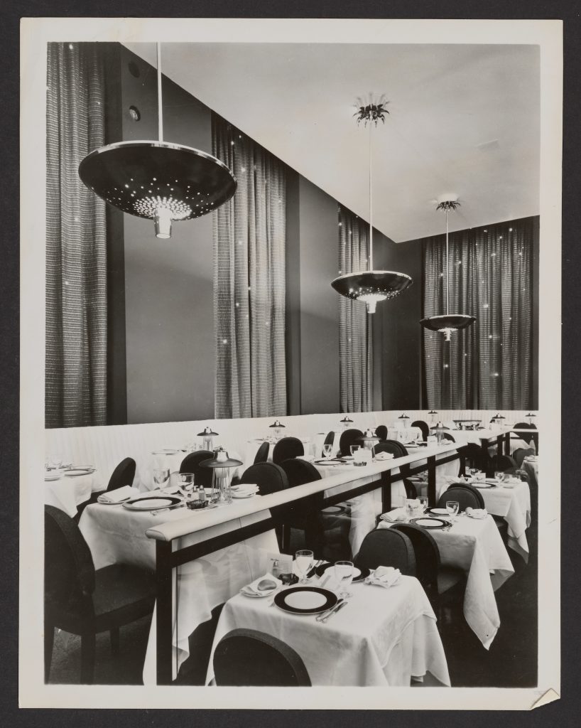 Persian Room at the Plaza Hotel, New York City (1950). Interior design by Henry Dreyfuss; drapes laced with tiny electric lightbulbs designed by Dorothy Liebes. Photo courtesy of the Henry Dreyfuss Archive, Cooper Hewitt, Smithsonian Design Museum, New York. Photo courtesy of the Smithsonian Institution.