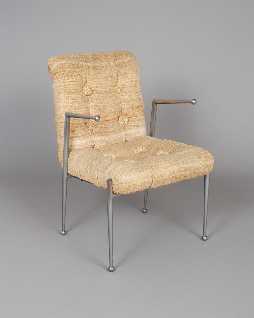 Donald Deskey, armchair, (1938). Manufactured by Royal Metal Manufacturing Company; Upholstery designed by Dorothy Liebes. Collection of the Art Institute of Chicago, Gift of Florene M. Schoenborn. Photo courtesy of the Art Institute of Chicago/Art Resource, New York.