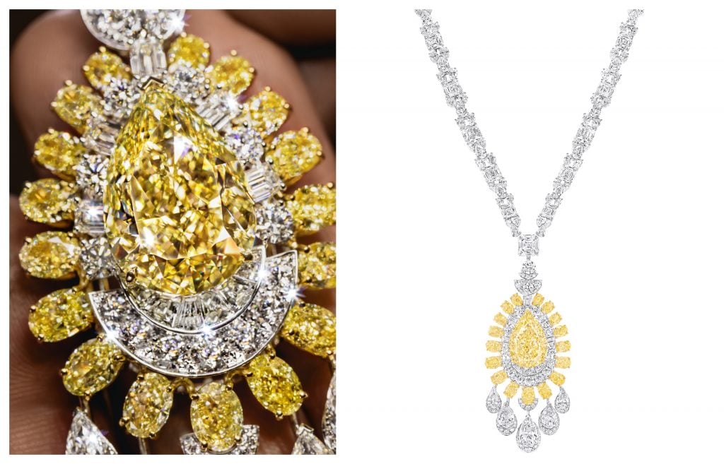 A Graff high jewellery necklace featuring a rare Fancy Intense Yellow pear shape (30.28ct), oval yellow diamonds & white diamonds (total 167.85 cts). Courtesy of Graff.