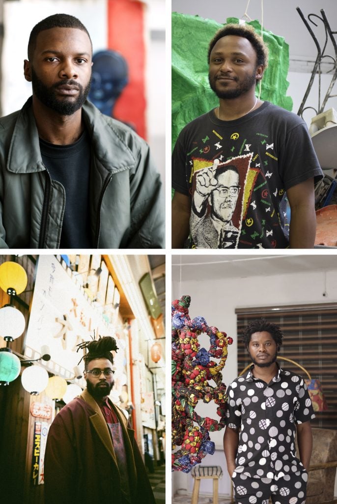 2023–24 Black Rock Senegal artists (clockwise from left): Timothy Yanick Hunter, Souleye Fall, Samuel Nnorom, and Ousmane Bâ. Photos (clockwise from left): Solana Cain, Jessica Cumberbatch, @godson_elkizzy, and Yuri. Courtesy of Black Rock Senegal.