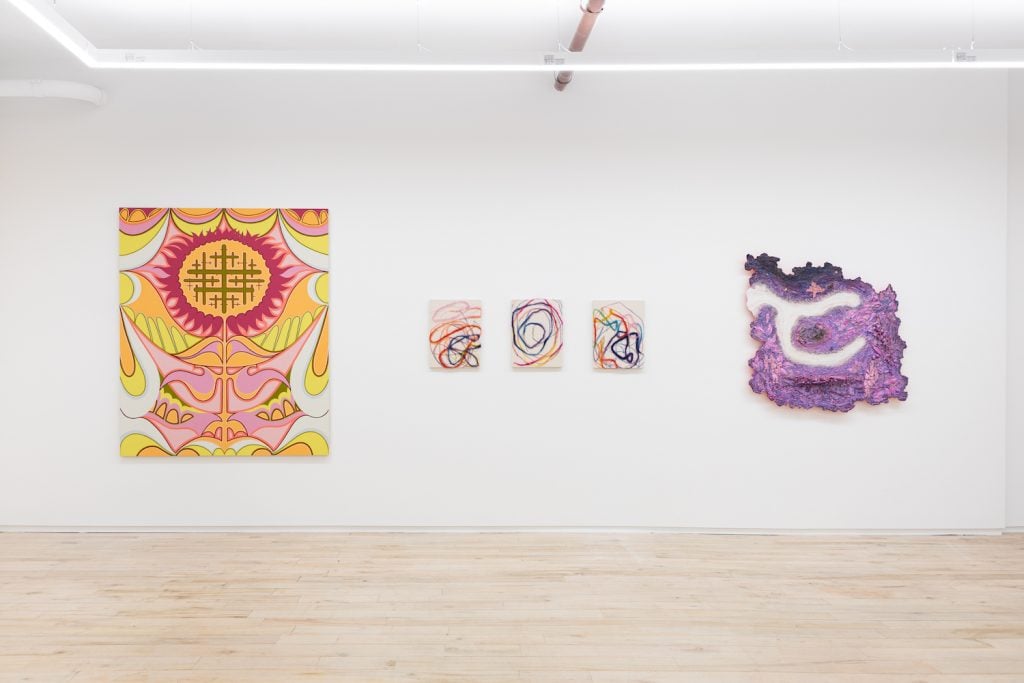 Installation view of “Surface Level” at DIMIN, April 27 - May 27, 2023. Artists: Amie Cunat, Courtney Childress, Ye Qin Zhu. Image courtesy DIMIN.