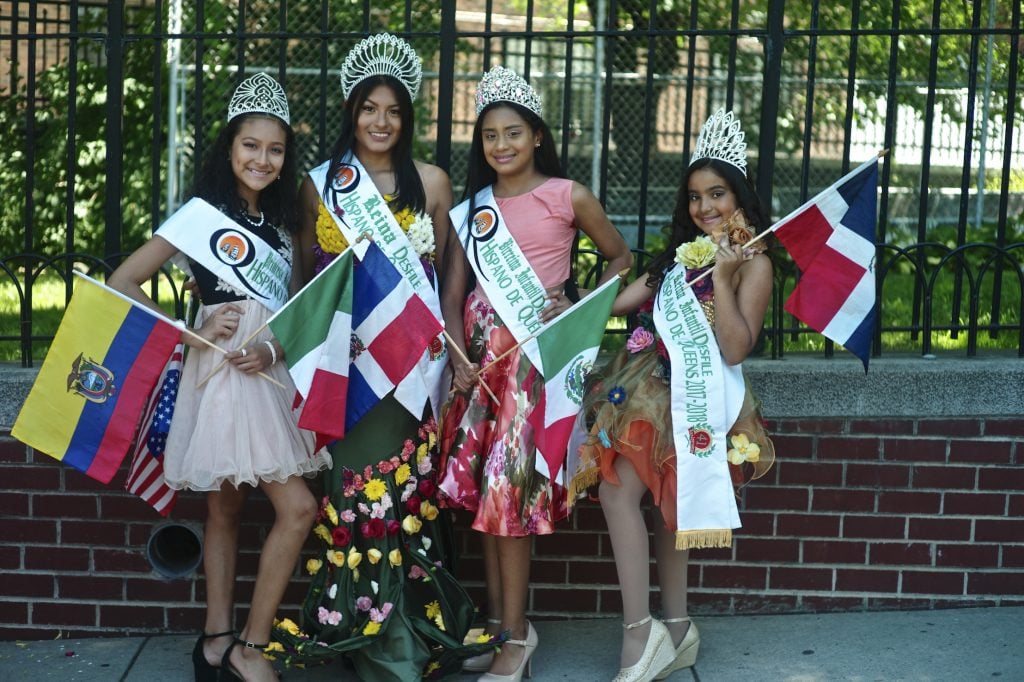 Teen queens of the Queens Hispanic Parade in New York at the celebration of the Flower Festival in New York. This photo is included in 