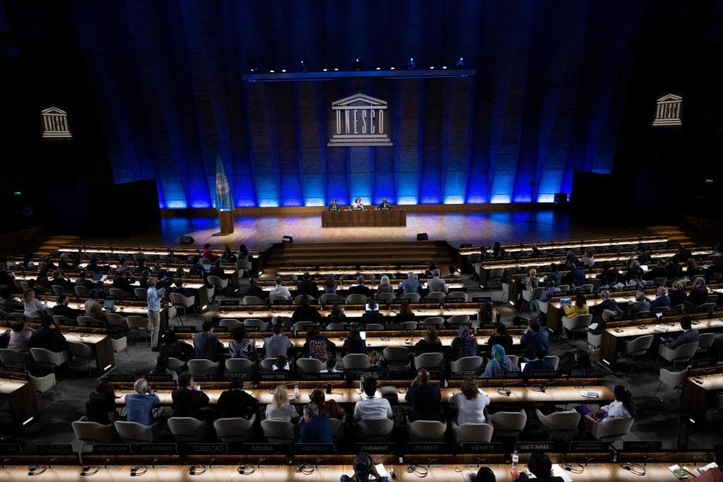 UNESCO Director-General Audrey Azoulay delivers a speech to announce the United States' request to return to the institution, at the UNESCO headquarters in Paris, on June 12, 2023. Photo: Alain Jocard/AFP via Getty Images.