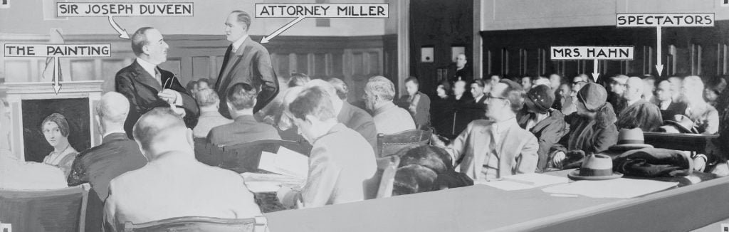 A 1929 courtroom illustration from the slander lawsuit brought against Joseph Duveen by Mrs. Andree Lardoux Hahn, whose sale of a purported Leonardo da Vinci painting to the Kansas City Art Museum was cancelled after Duveen cast doubt on its authenticity. Image credit: Bettman via Getty Images.