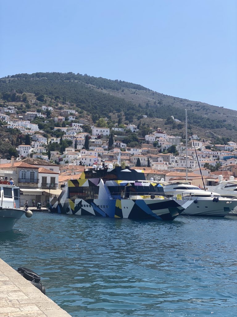 The Guilty docked in Hydra's port. Photo by Naomi Rea.