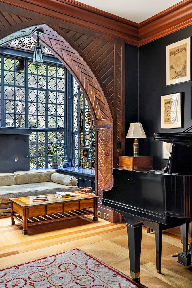 The preserved music studio and solarium in Stephen Sondheim's Turtle Bay Gardens home. Courtesy of Compass.