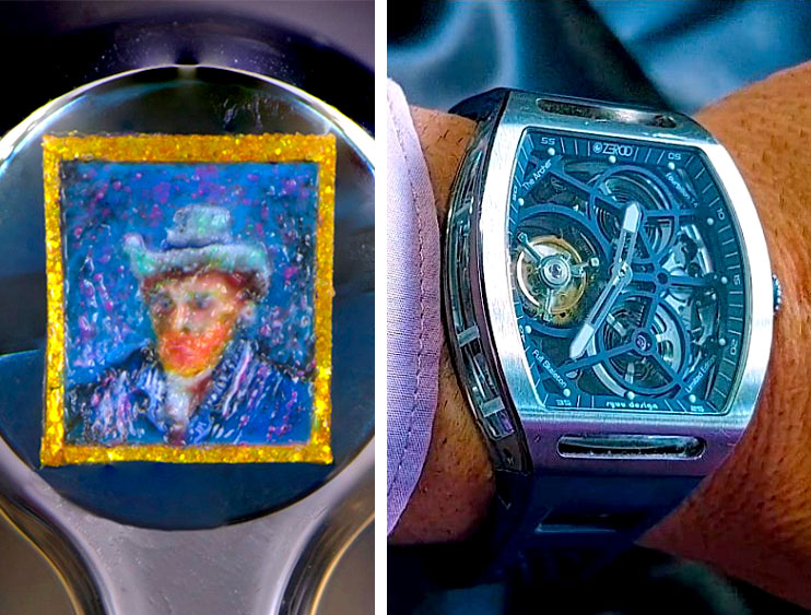 David Lindon's microscopic Van Gogh self-portrait easily fits inside a watch. Courtesy of David Lindon.
