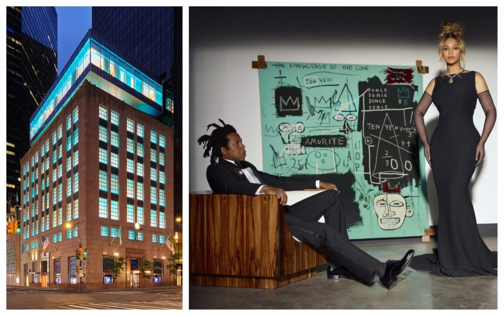 A night view of The Landmark's exterior (L) courtesy of Tiffany & Co. Beyoncé and Jay-Z with Jean-Michel Basquiat's Equals pi (1982) for the Tiffany & Co. fall 2021 campaign. Photo: Mason Poole.