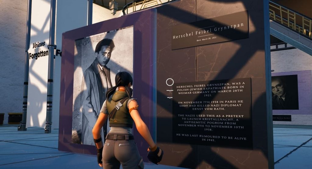 Luc Bernard's the Voices of the Forgotten Museum in <em>Fortnite</em>, which aims to educate players about the Holocaust. Screen capture courtesy of Luc Bernard. 