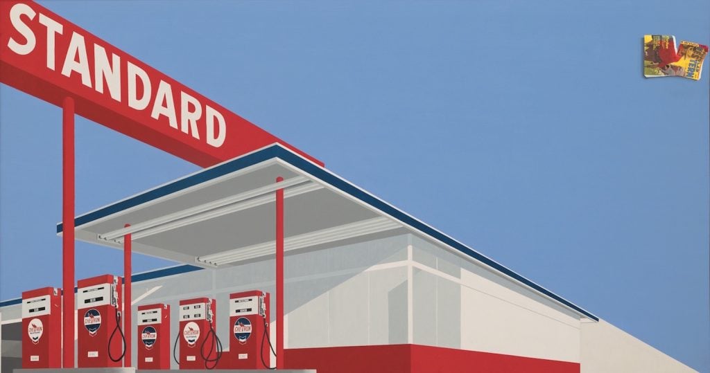 Ed Ruscha. Standard Station, Ten-Cent Western Being Torn in Half (1964). Private Collection. © 2023 Edward Ruscha. Photo Evie Marie Bishop, courtesy of the Modern Art Museum of Fort Worth
