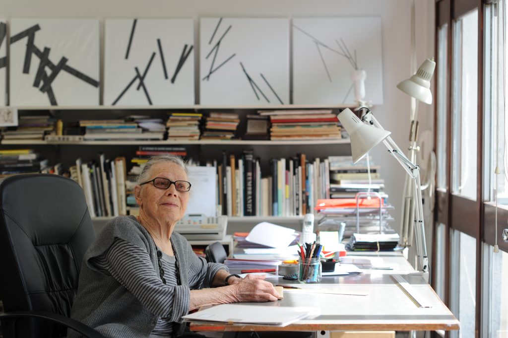 Artist Vera Molnár in her Home and Studio Workshop in Paris. Photo: Catherine Panchout / Sygma via Getty Images.