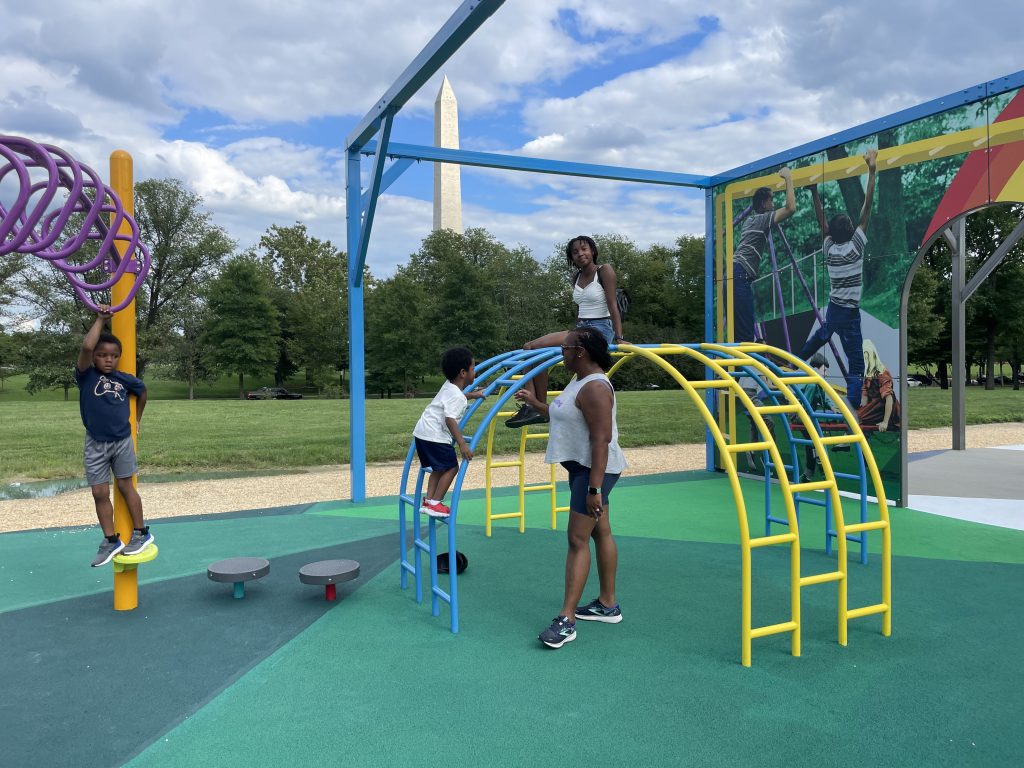 Derrick Adams, <em> America’s Playground </em> (2023) in the Monument Lab's exhibition "Beyond Granite: Pulling Together" on the National Mall in Washington, D.C. Photo by Florie Hutchinson. 