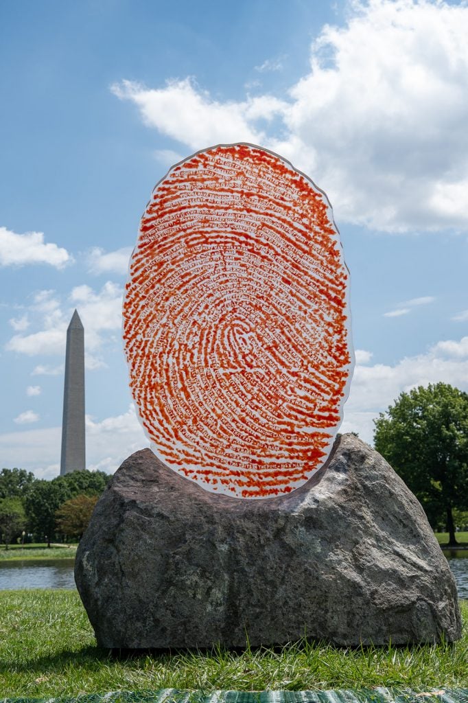 Wendy Red Star, The Soil You See… (2023) in the Monument Lab's exhibition "Beyond Granite: Pulling Together" on the National Mall in Washington, D.C. Photo by AJ Mitchell, courtesy of Monument Lab.