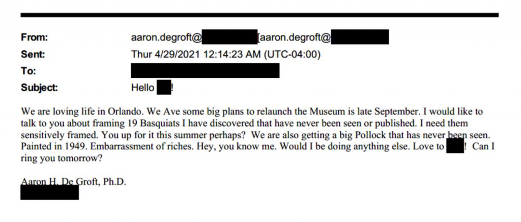 An email from former Orlando Museum of Art director Aaron De Groft including the museum's complaint against him. 