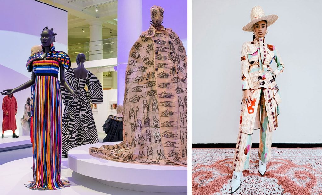 Left: Dress by Bull Doff and burqa-trench by Artsi Ifrach for Maison ArtC. Right: Thebe Magugu, Alchemy collection, Johannesburg, South Africa, Fall/Winter 2021. (Photo: Tatenda Chidora). Courtesy of the Brooklyn Museum.