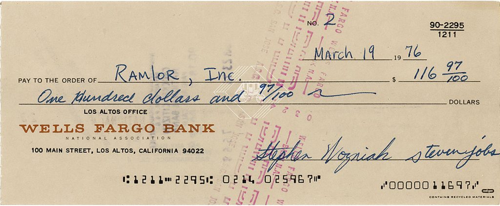 A bank check signed by Steve Jobs and Wozniak has already soared past its estimate of $50,000. Courtesy of RR Auction.