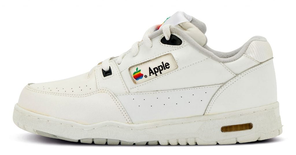These Apple sneakers from the mid-1990s were not sold to the public and this particular pair has never been worn. Courtesy of Sotheby's.