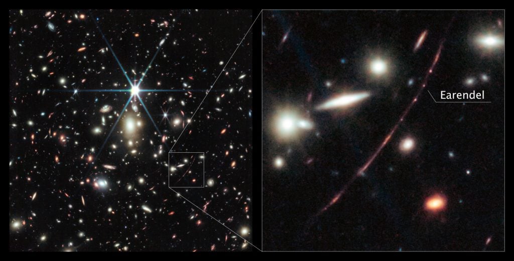 NASA’s James Webb Space Telescope captured this image of a massive galaxy cluster called WHL0137-08, which contains the most strongly magnified galaxy known in the universe’s first billion years: the Sunrise Arc, and within that galaxy, the most distant star ever detected, Earendel. Image courtesy of NASA, ESA, CSA, D. Coe (STScI/AURA for ESA; Johns Hopkins University), B. Welch (NASA’s Goddard Space Flight Center; University of Maryland, College Park). Image processing: Z. Levay.