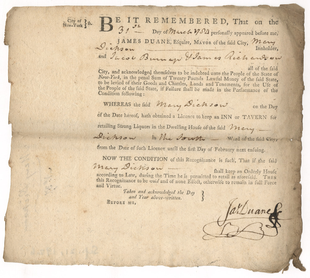 Tavern license of New York City inn owner Mary Dickson (1784). Collection of the Patricia D. Klingenstein Library, New-York Historical Society.