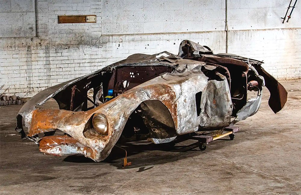 The 1954 500 Mondial Spider Series I by Pinin Farina caught fire during a race in the 1960s. Courtesy of RM Sotheby's.