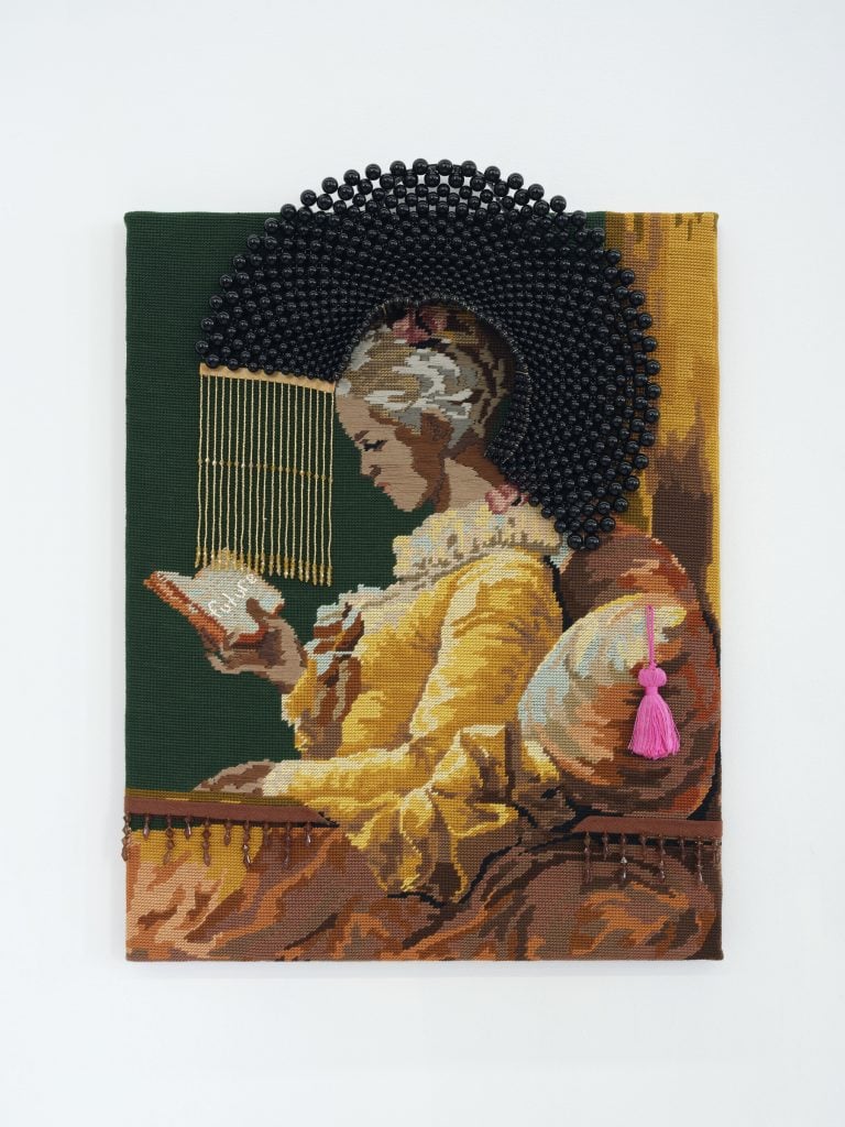 Suchrita Mattai took this vintage needlepoint work based on a Jean-Honoré Fragonard painting of a woman reading a book and redid it to give the figure brown skin.